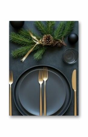 Gold forks, knife, and spoon are arranged alongside a sleek black plate on a stylish table, creating an elegant dining presentation