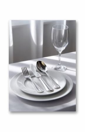 Elegant table setting with empty wine glass and silverware on white tablecloth