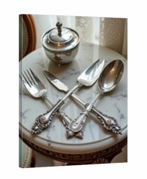 Elegant silver cutlery set on marble table with decorative sugar bowl