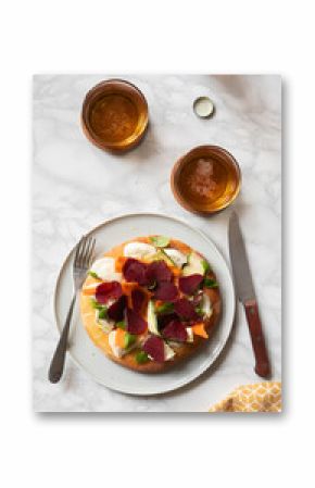 Focaccia with mozzarella, bresaola, and fresh vegetables