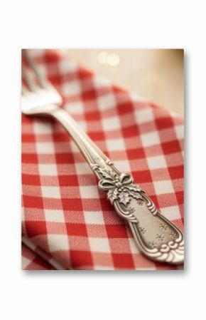 Vintage silver fork on red checkered tablecloth for Christmas celebration