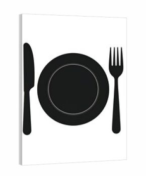 Simple black silhouette of a plate, knife, and fork