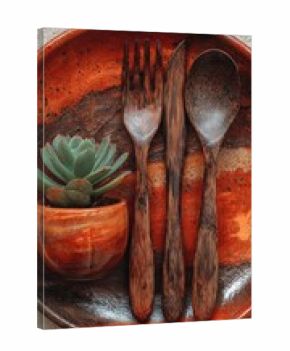 Rustic wooden cutlery set on a patterned plate with a succulent