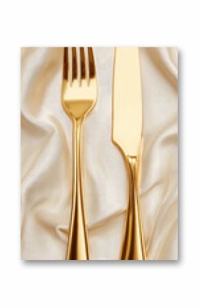 Gold cutlery luxury table setting winter fork knife white elegant shiny metallic Elegant gold cutlery set with fork and knife white satin fabric creating luxurious winter table setting with shiny