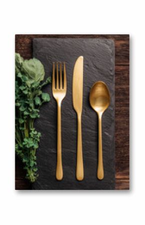 Elegant gold cutlery arranged on a slate board, accompanied by fresh spinach and herbs, creating a sophisticated culinary presentation.