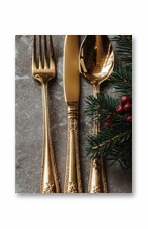 Elegant golden cutlery set displayed with festive greenery during a holiday gathering on a marble table