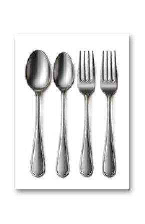 Set of stainless steel cutlery arranged neatly on a white background