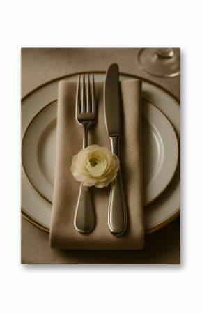 Elegant table setting with plate napkin cutlery and flower decoration on fine dining table