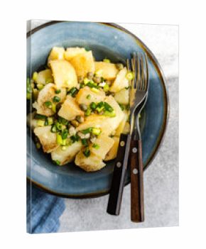 Overhead view of a bowl of traditional Greek potato salad (Patatosalata) on a table with cutlery and a napkin