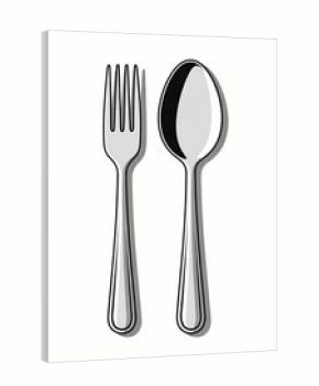 A polished metal fork and spoon stand side-by-side, rendered in a clean, illustrative style against a stark white background, suggesting dining or culinary preparation.