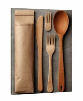 Eco-friendly wooden cutlery set in kraft paper packaging