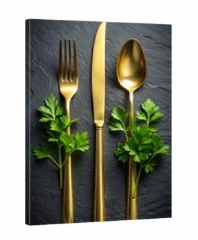 Elegant gold cutlery set with fresh green parsley sprigs, presented on a dark slate surface for fine dining