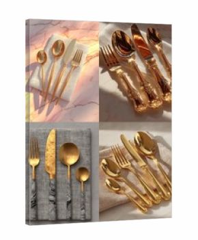 Gold and grey cutlery sets, displayed on linen napkins against marble backgrounds