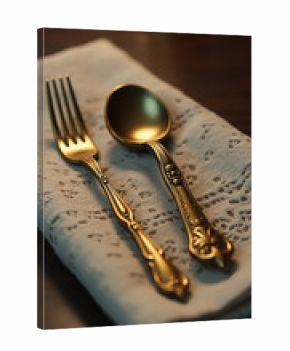 Miniature antique bronze cutlery on vintage lace napkin - concept of table setting or restaurant etiquette.