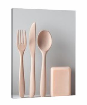 A pastel peach cutlery set and bar soap