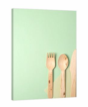Pastel green background flat lay wooden cutlery set including spoon fork and knife eco friendly