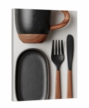 Dark grey speckled mug, oval dish, and dark cutlery with wooden handles