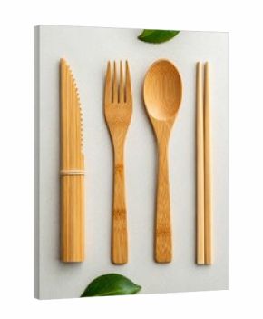 Overhead shot of a bamboo cutlery set including a knife, fork, spoon, and chopsticks, along with green leaves, isolated on white background