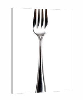 A stainless steel fork, isolated against a black background, with tines pointing upward.  The fork's tines are speckled with tiny, colorful particles.  The shaft is smooth and reflective