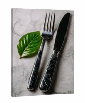 Elegant cutlery set, dark gray handles, next to a green leaf on marble