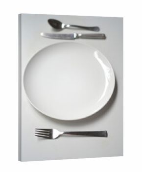 Empty plate with fork and knife, spoon.