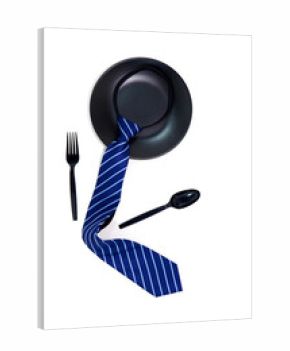 Tie on black plate with cutlery set together placed on white background, Flat lay concept photography