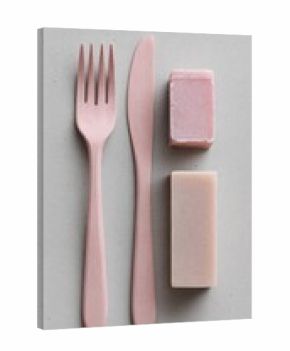 Pink cutlery, soap, flatlay, neutral background, eco-friendly