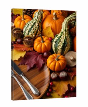 Autumnal still life: pumpkins, gourds, chestnuts, leaves, and a wooden plate with cutlery create a Thanksgiving or harvest setting, symbolizing abundance and autumnal warmth