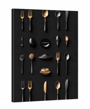 Collection of elegant gold and photo black cutlery and tableware on dark background silverware