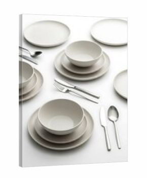 A stylish, minimalist set of light beige dinnerware, featuring round plates and bowls, arranged with coordinating silverware on a white surface.