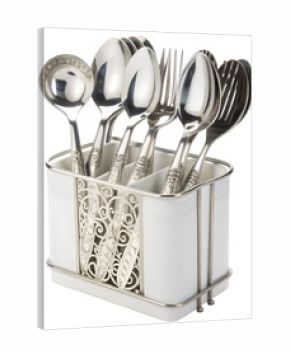 Cutlery Set in Holder Elegant design silverware organizer Kitchen utensil holder White ceramic and metal