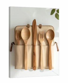 Wood cutlery set in beige pouch