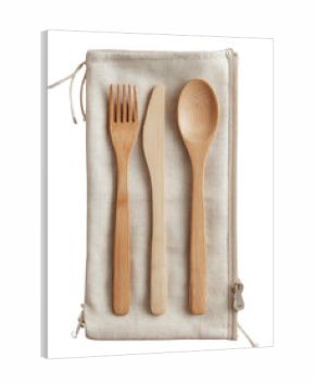 Wooden cutlery set in beige reusable bag