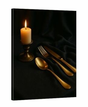 Elegant candlelit table setting with golden cutlery on dark background, creating a warm and romantic atmosphere.