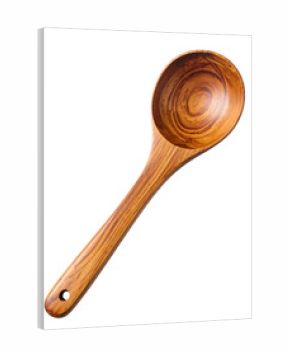 Wooden cooking spoon with a round bowl and long handle.