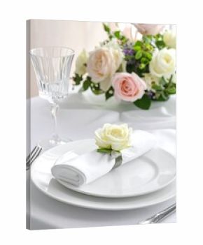 Elegant table setting with a floral arrangement, glass, plates, and cutlery on a white tablecloth