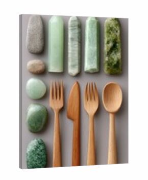 Flat lay arrangement of natural green jade stones and crystal points with wooden cutlery on a neutral gray background showcasing earthy textures and organic forms