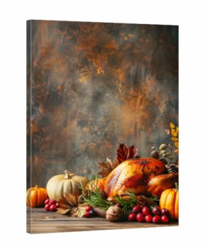 Thanksgiving background featuring a right-side arrangement of harvest elements pumpkins, wheat, apples, acorns, and fall leaves set against a wooden textured backdrop, thanksgiving background