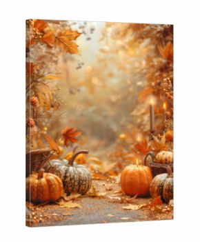 Orange pumpkins with autumn leaves orange background for thanksgiving greeting autumn concept