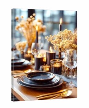 Elegant table setting with candles dried flowers and golden cutlery dinner