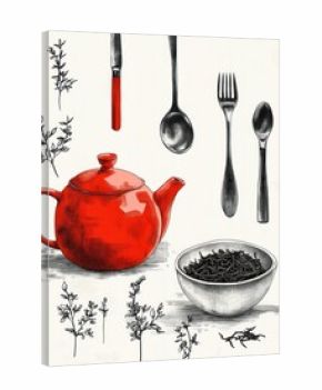 Hand-drawn illustration of a red teapot, a bowl of tea leaves, various herbs, and cutlery including a knife with a red handle, a large spoon, a fork, and a small spoon arranged on a light background