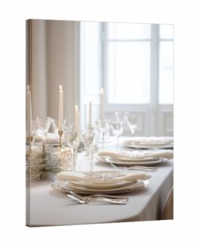 Elegant white Christmas table setting with fine china, silver cutlery, white candles, snowflake napkins, crystal glassware, light grey tablecloth, soft natural lighting, minimal golden accents, luxury