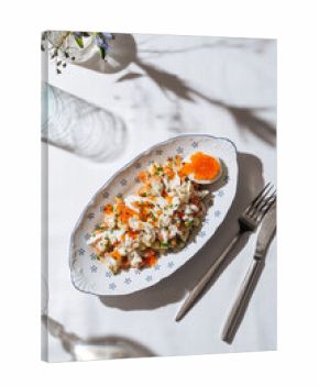 Seafood salad with crab, vegetables, and red caviar