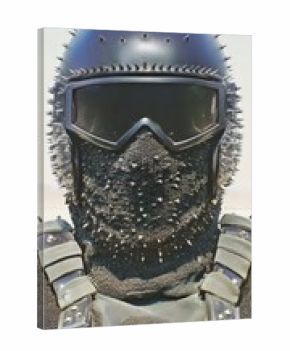 Una imagen impactante de un casco y máscara de gas cubiertos de púas, evocando una sensación de peligro y misterio.