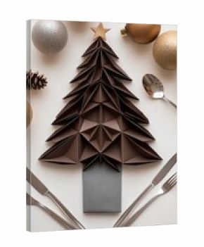 A beautifully arranged Christmas table features a grey plate with a napkin folded into a Christmas tree, complemented by silverware