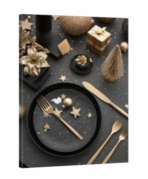 A black plate with cutlery sits next to a decorated Christmas tree branch, creating a chic minimalist holiday look