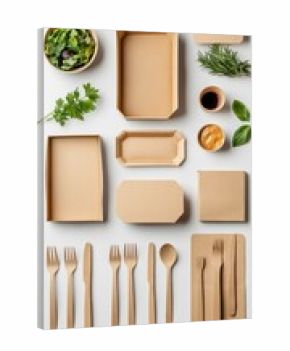 Eco-friendly packaging and cardboard cutlery with herbs and sauces. Blogs about healthy eating, advertising eco-friendly products, articles about sustainable lifestyles.