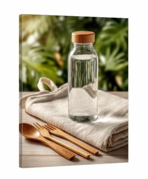 Reusable water bottle and bamboo cutlery for sustainability