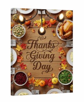 Overhead view of Thanksgiving Day carved in wood, featuring autumn leaves, pumpkin, and dishes  represents a holiday celebration and festive meal