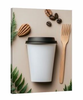 White plastic food container layout with disposable cutlery surrounded by green leaves, showcasing an eco-friendly design concept